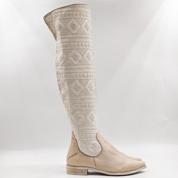 Free People Women Bren Textile Ivory Leather Western Slouch Boots sz 7US EUR 37 - Picture 4 of 10